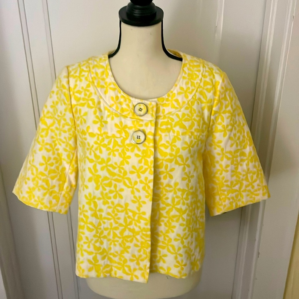 Alfani Size 8 Womens Retro Yellow Floral Jacket Open Front Cotton 2button Size 6